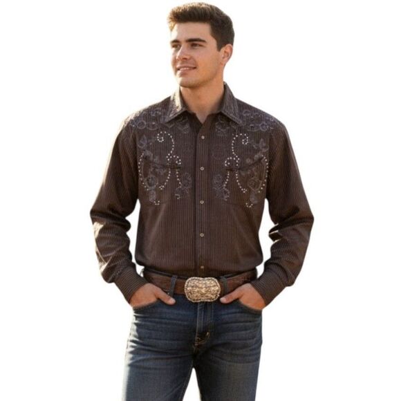 Spunky Mac Shirt Mens XL Brown Embroidered Western Pearl Snap Long Sleeve Cowboy - Picture 1 of 11